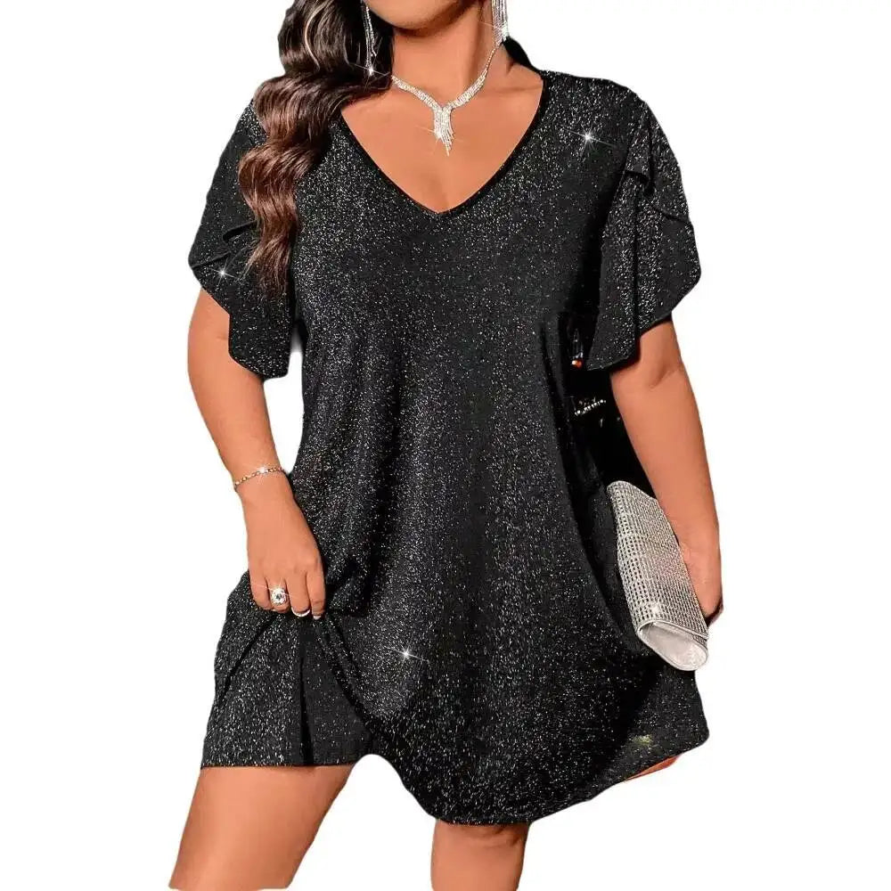 Jersey Shore Plus Size V Neck Ruffle Sleeve Glitter Shiny Loose Dress