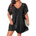 Jersey Shore Plus Size V Neck Ruffle Sleeve Glitter Shiny Loose Dress