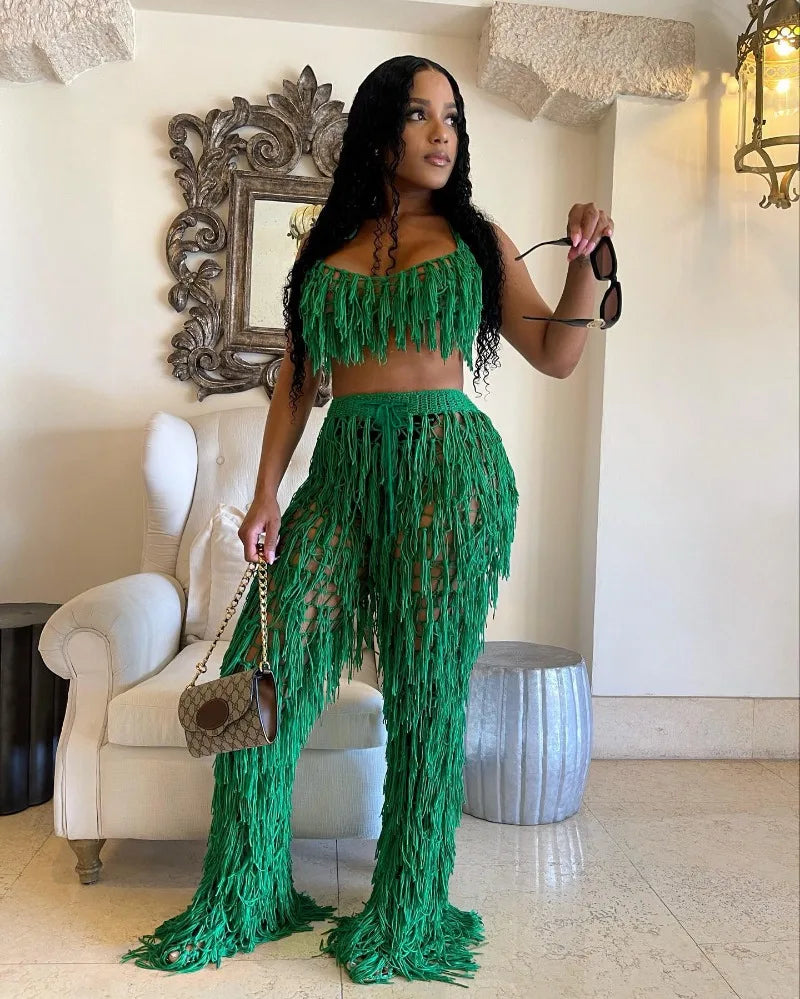 Emely Bodycon Outfit Tassel Two Piece Sets