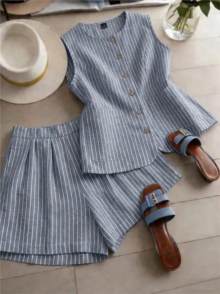 Yudy Summer New Striped Sleeveless Two Piece Sets