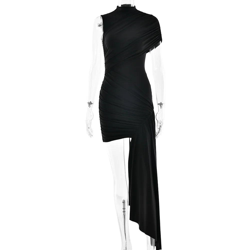 Aspen Knolls Ruched Sexy Solid Color Elegant Turtleneck Sleeveless Asymmetric Dress