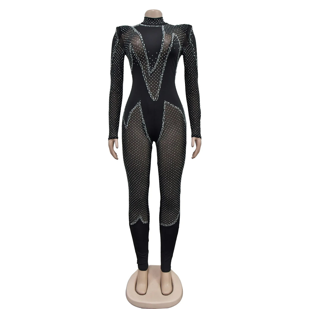 Upper West Sparkly Rhinestone Perform Costume Long Sleeve Sheer Mesh Jumpsuit