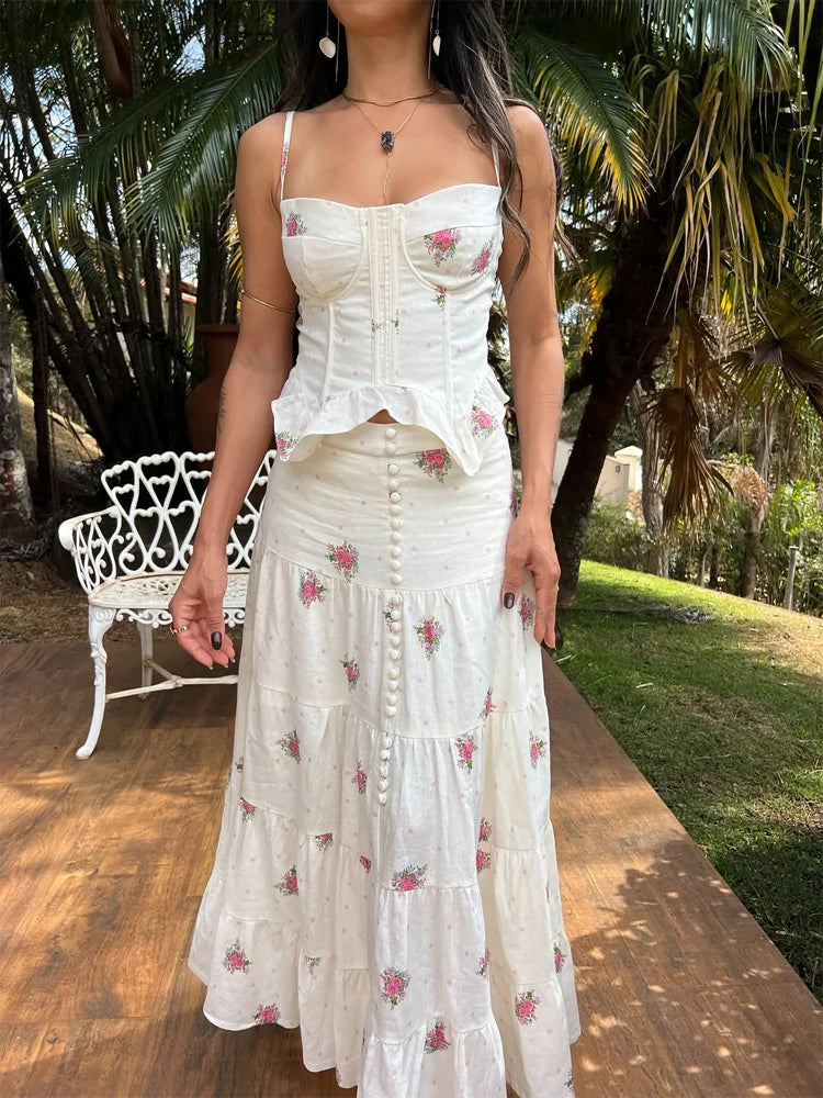 Paola Shaping French Floral Ruffled Waist Two Piece Sets