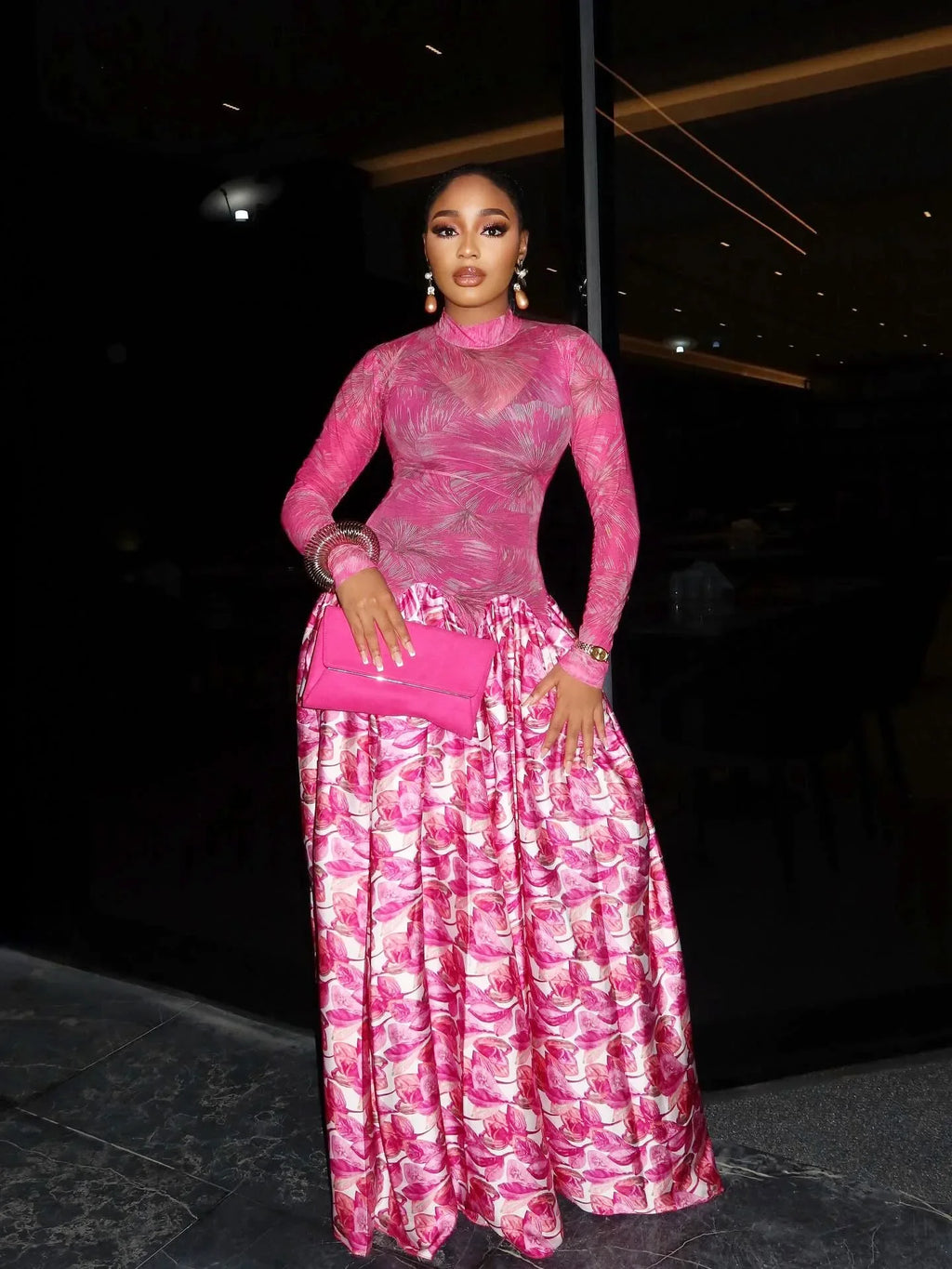 Passaic O Neck Fashion Long Sleeve Flower Printed Maxi Dress