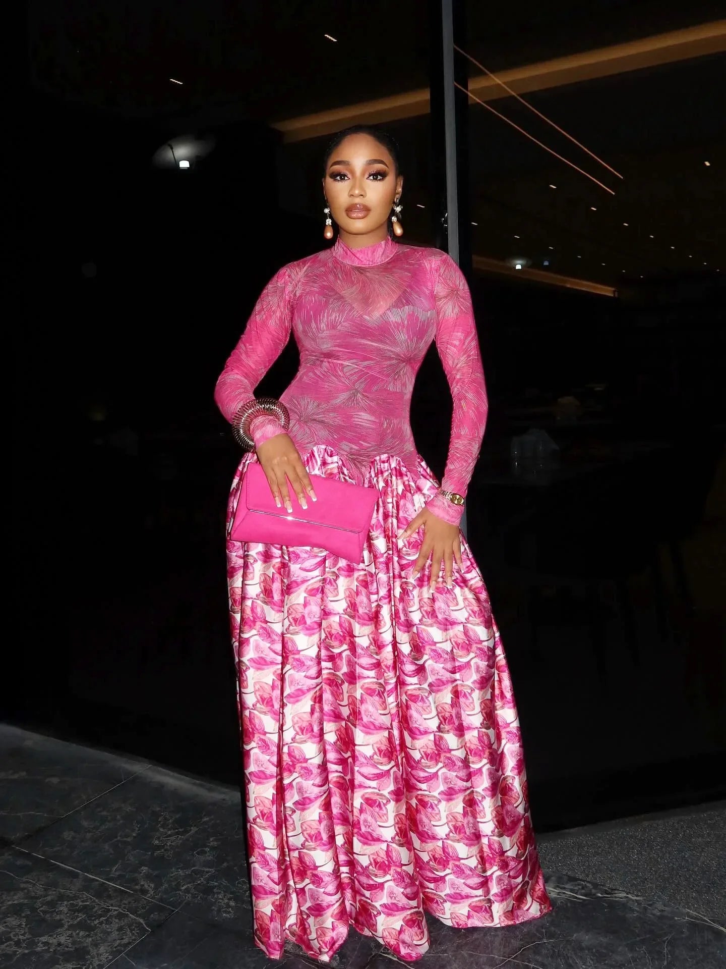 Passaic O Neck Fashion Long Sleeve Flower Printed Maxi Dress
