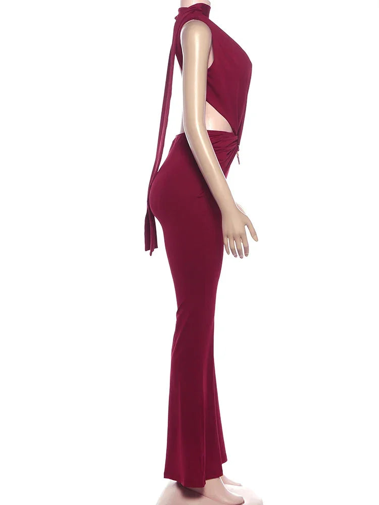 Syracuse Ruched Waistless Metal Cross Hollow Bandage Coquette Midnight Jumpsuit