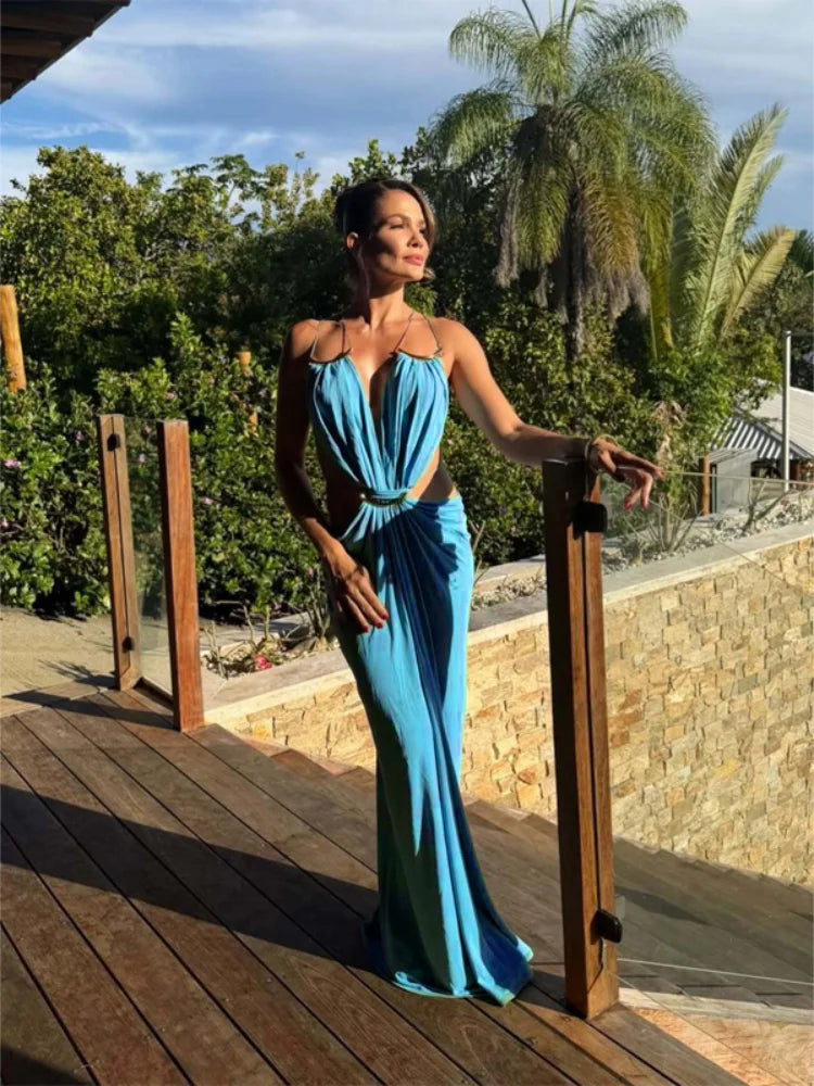 Solid Color Spaghetti Strap Sleeveless Sexy Deep V Cutout Waist Ruched Maxi Gown Dress