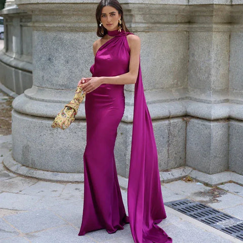 Meadville Elegant Ribbon Halter Solid Off Shoulder Sleeveless Backless Slim Maxi Dress