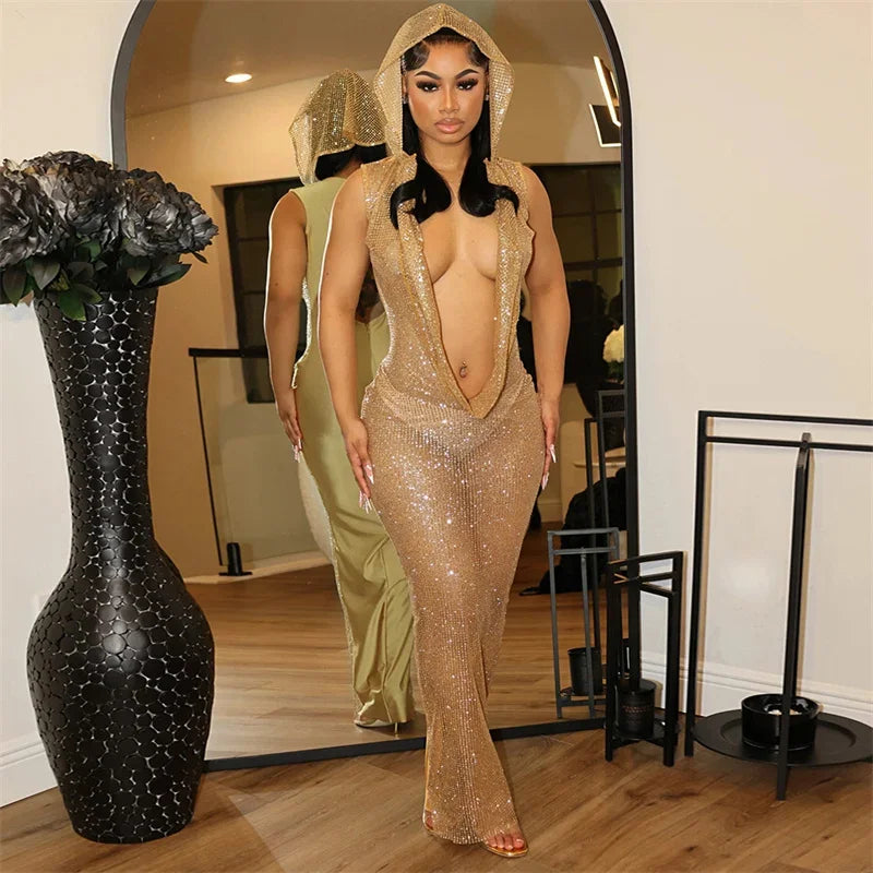 Virginia Deep V-neck Hooded Party Nightclub Prom Mesh Long Maxi Dresses