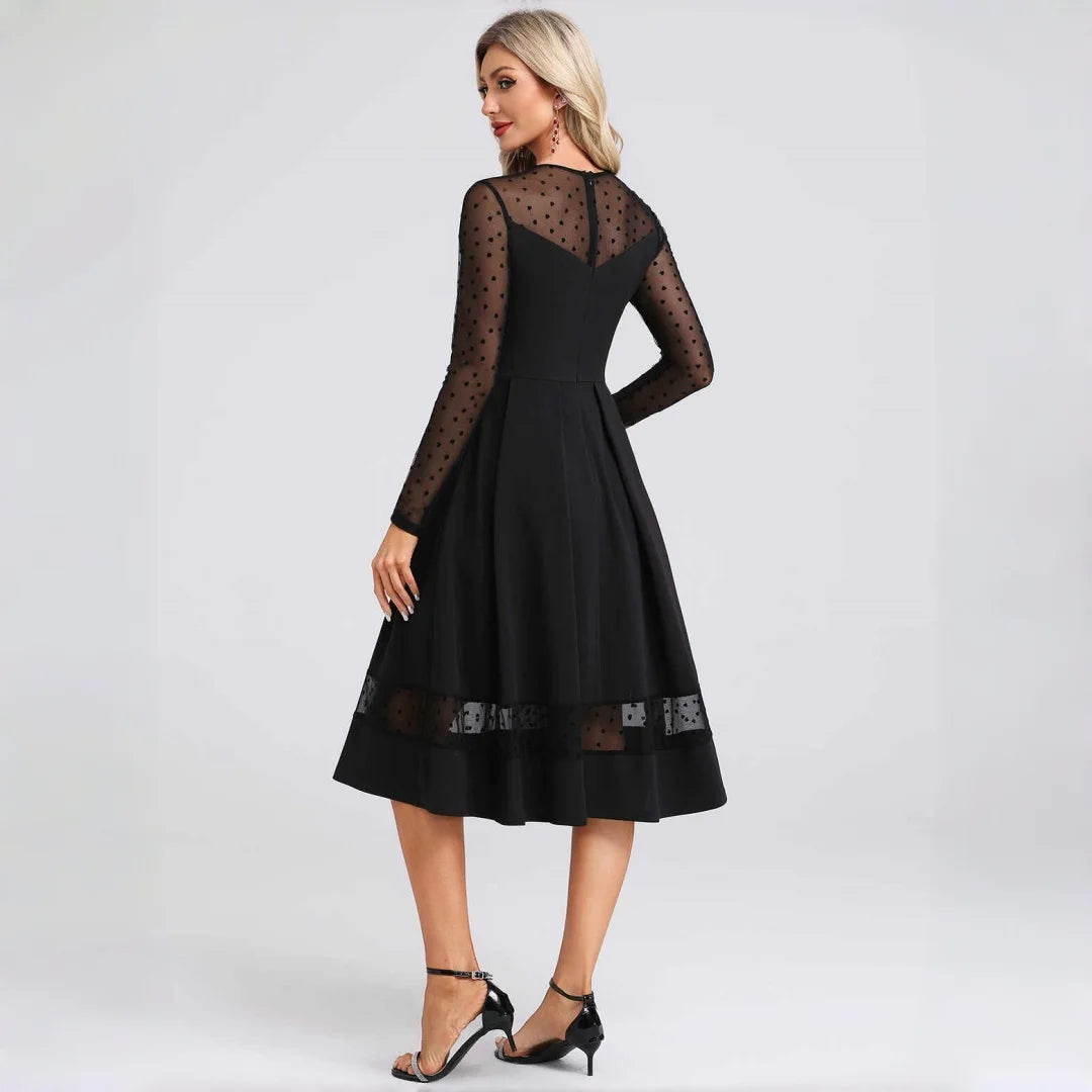 Benice Black Midi Cocktail Polka Dot Mesh Long Sleeve Illusion A‑Line Swing Dress