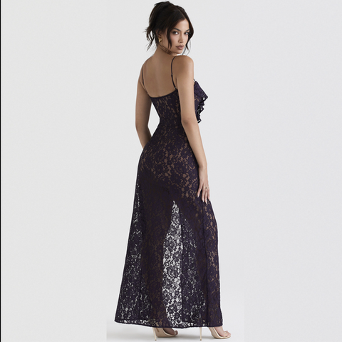Ens Isabelita Lace Deep V Plunge Strap Sleeveless Slit Sexy Midi Dress