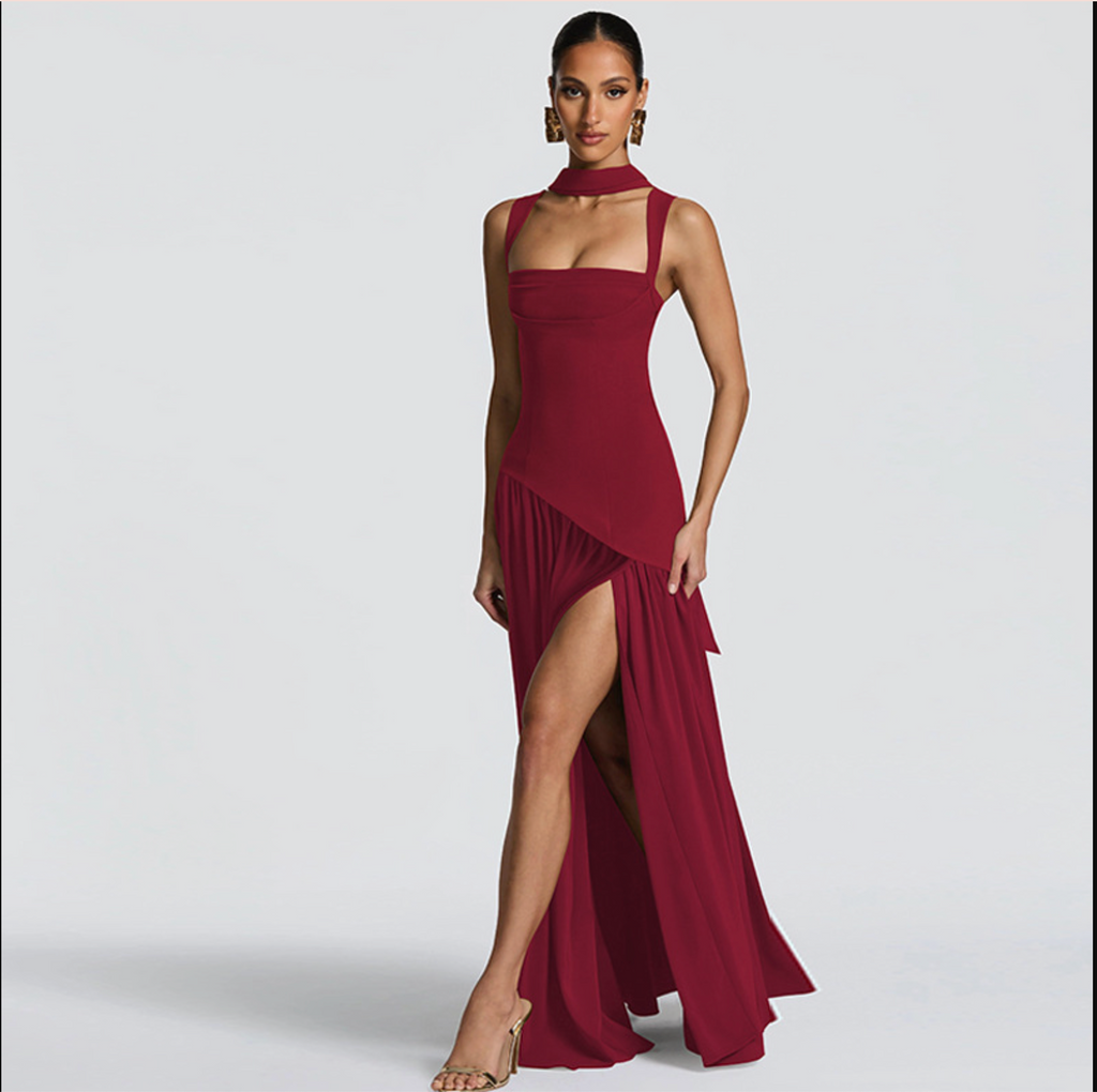 San Cristobal Camisole Slim Solid Color Split Ribbon Dress