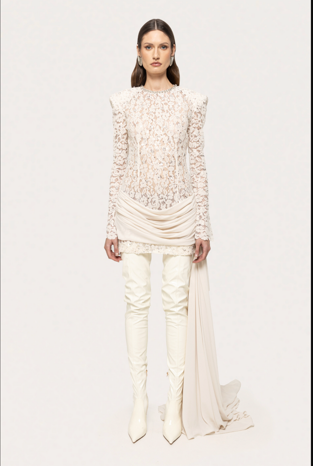 Barahona Sexy round Neck Lace Stitching Long Sleeve Slim Fit Beaded Dress