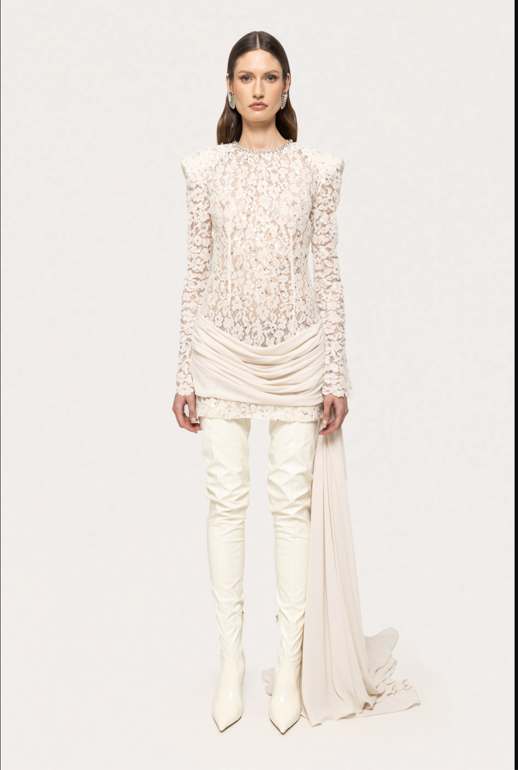 Barahona Sexy round Neck Lace Stitching Long Sleeve Slim Fit Beaded Dress