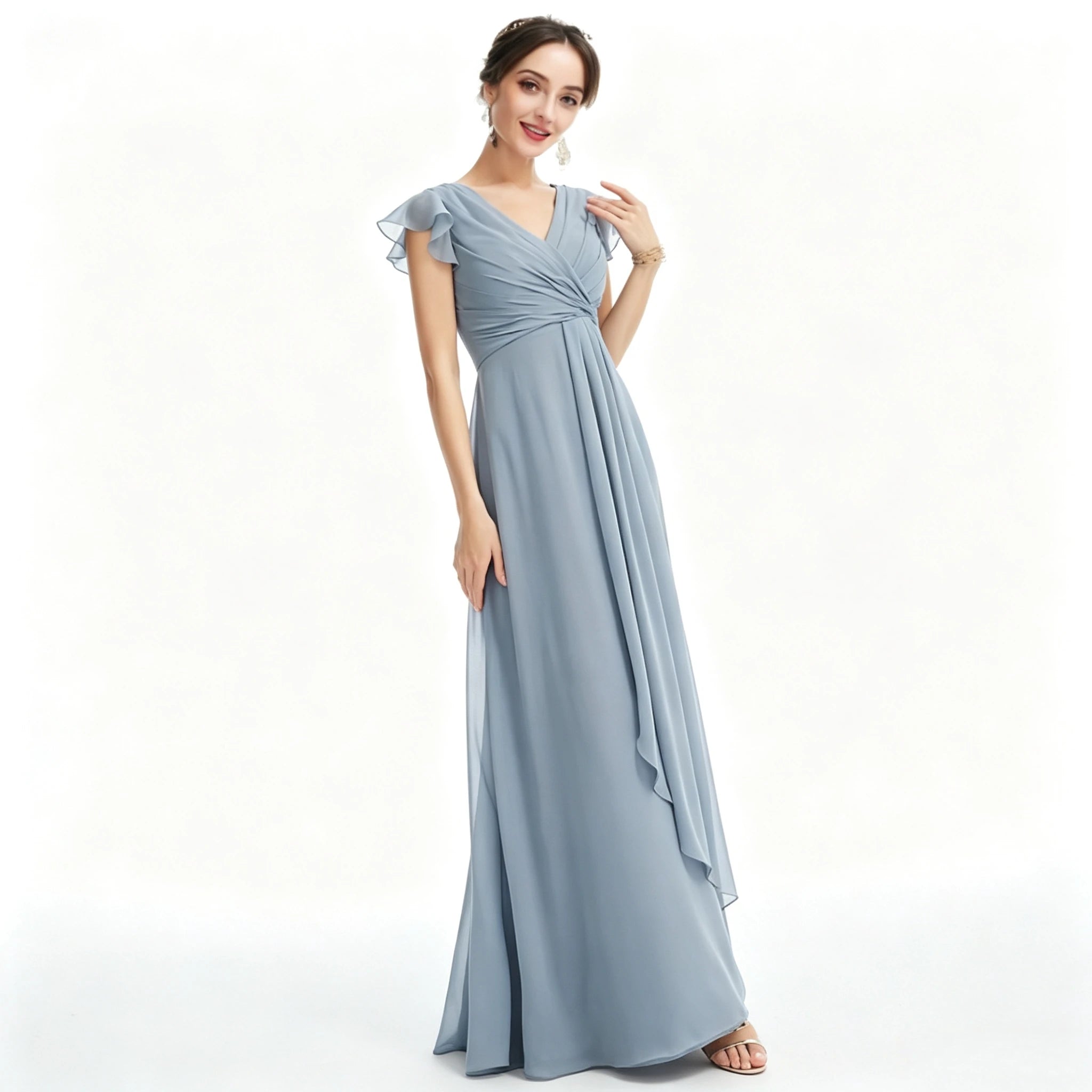Long Island Plus Size Chiffon Evening Elegant V-Neck Ruffle Sleeve Formal Dress