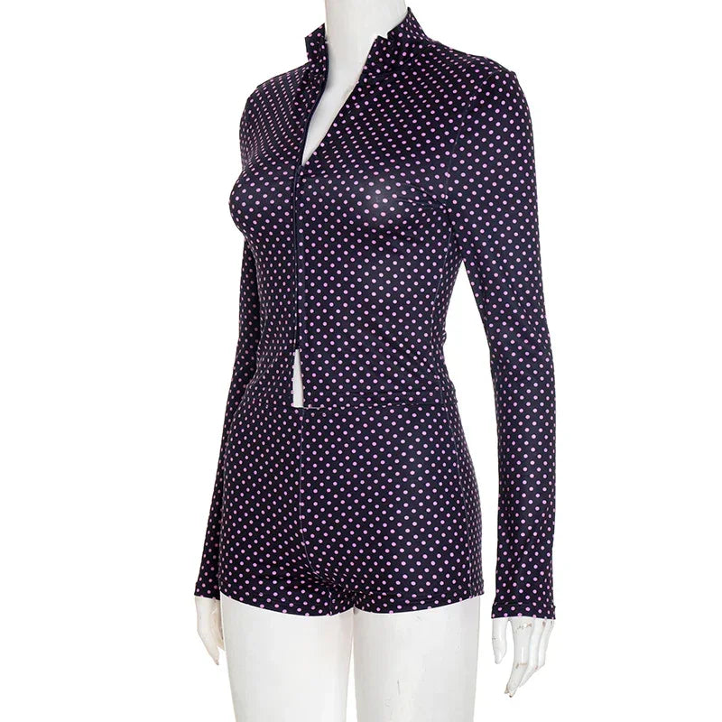 Mattituk Puss Polka Dot Print Women Tracksuit Zip Crop Two Piece Set