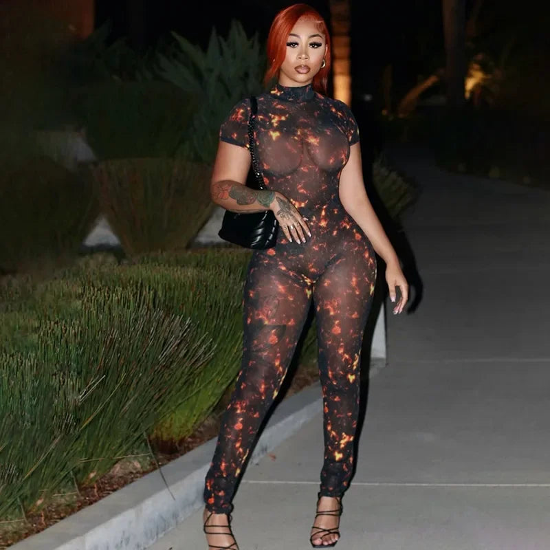 Auburn Hollow Out Playsuits Female Nightout Fashion Mesh Thin Sheer Jumpsuits