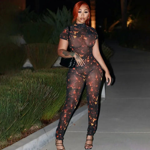 Auburn Hollow Out Playsuits Female Nightout Fashion Mesh Thin Sheer Jumpsuits