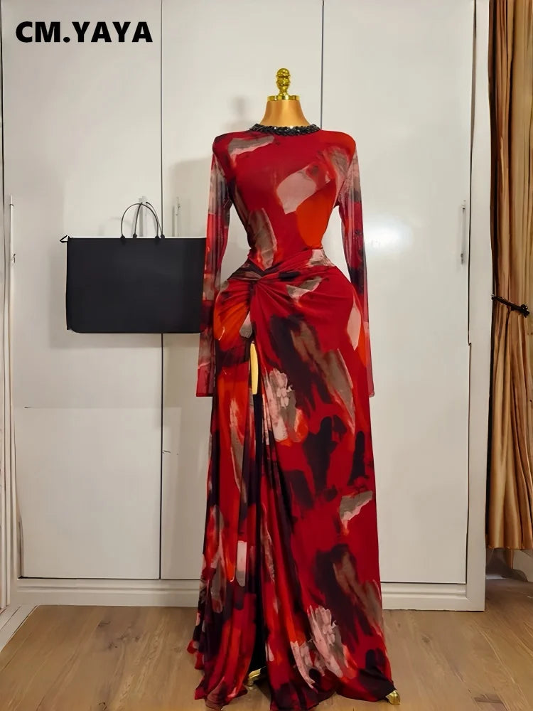 Hollow Out O-neck Long Sleeve Bodycon Maxi Long Dress