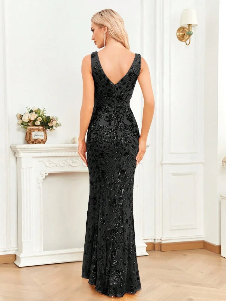 Praga Elegant Slit Evening Long Mermaid Formal Sequin Sexy V Neck Dress