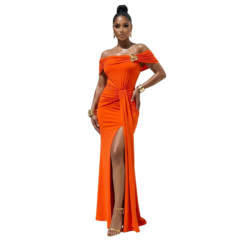 La Cuava Slash Neck Ribbon Elegant Sleeves Long Sexy Maxi Dress