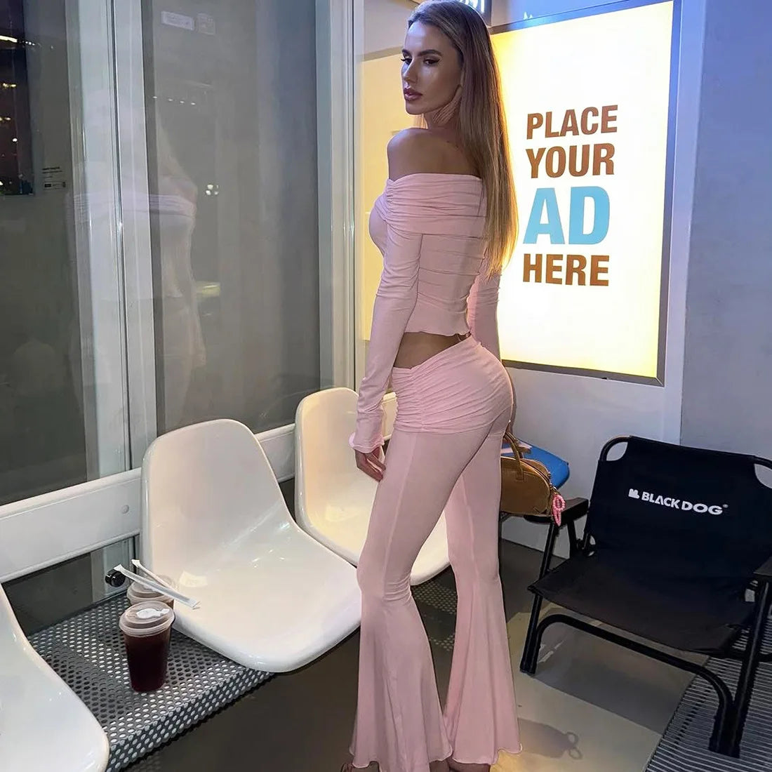 Paola Off Shoulder Solid Slim Casual Outfit Two Piece Sets