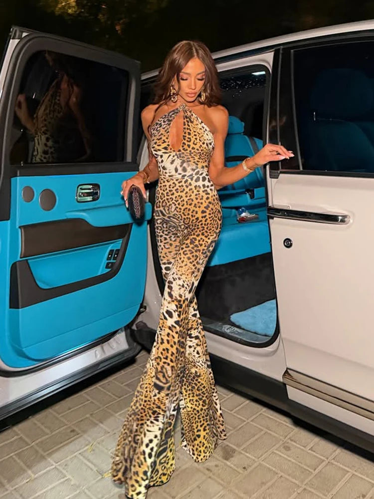 Stratford Halter Backless Skinny Flare Streetwear Bandage Hollow Out Leopard Jumpsuit