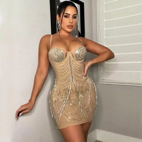 Franklin Township Rhinestone Fringe Glam Mesh Sequins Party Clubwear Mini Dress