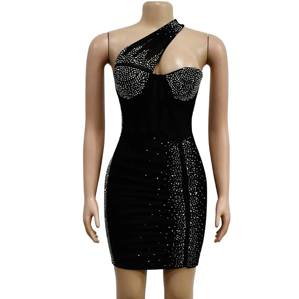 Homecrest Shoulder Mesh Rhinestone See Through Night Club Outfits Dress