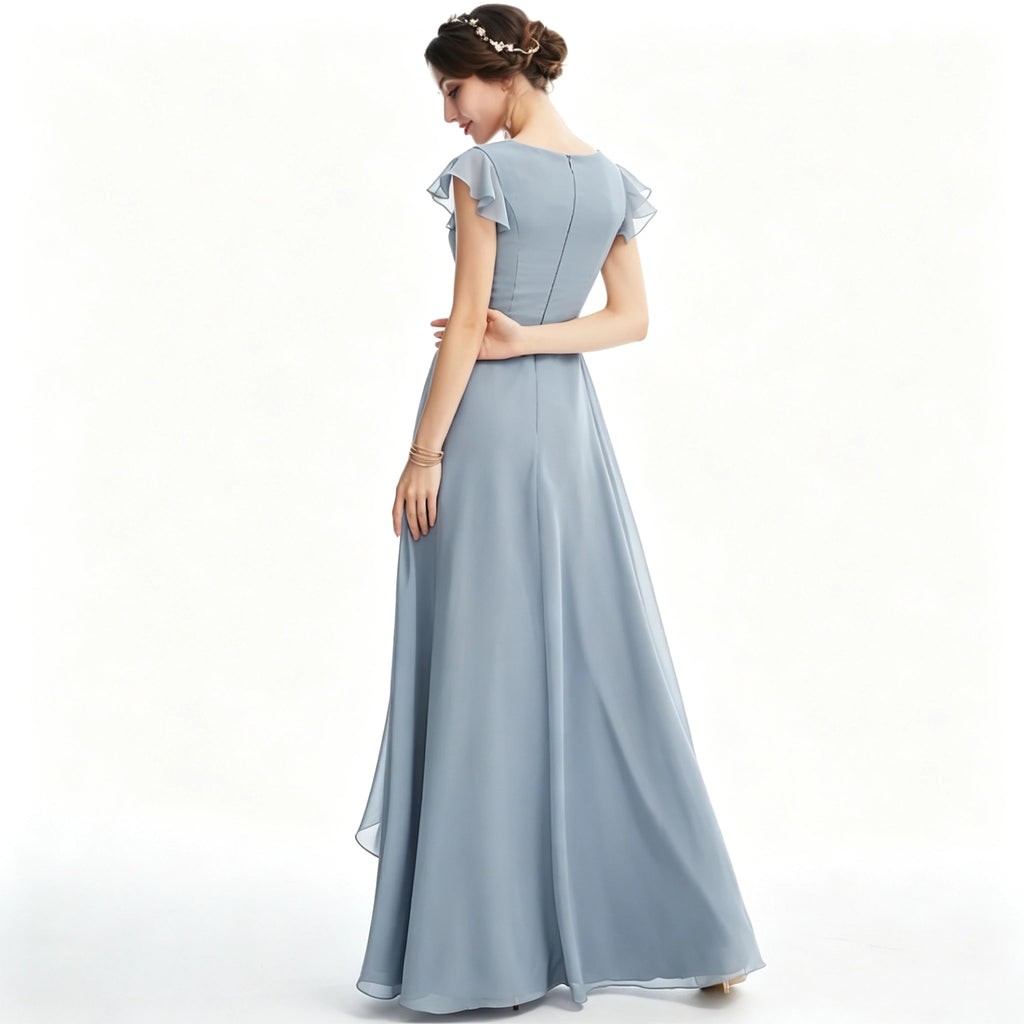 Long Island Plus Size Chiffon Evening Elegant V-Neck Ruffle Sleeve Formal Dress