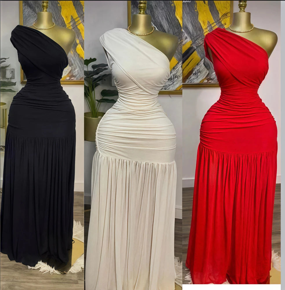 Elegant Skew Neck One Sleeve Off Shoulder Mesh Slit Long Maxi Dresses
