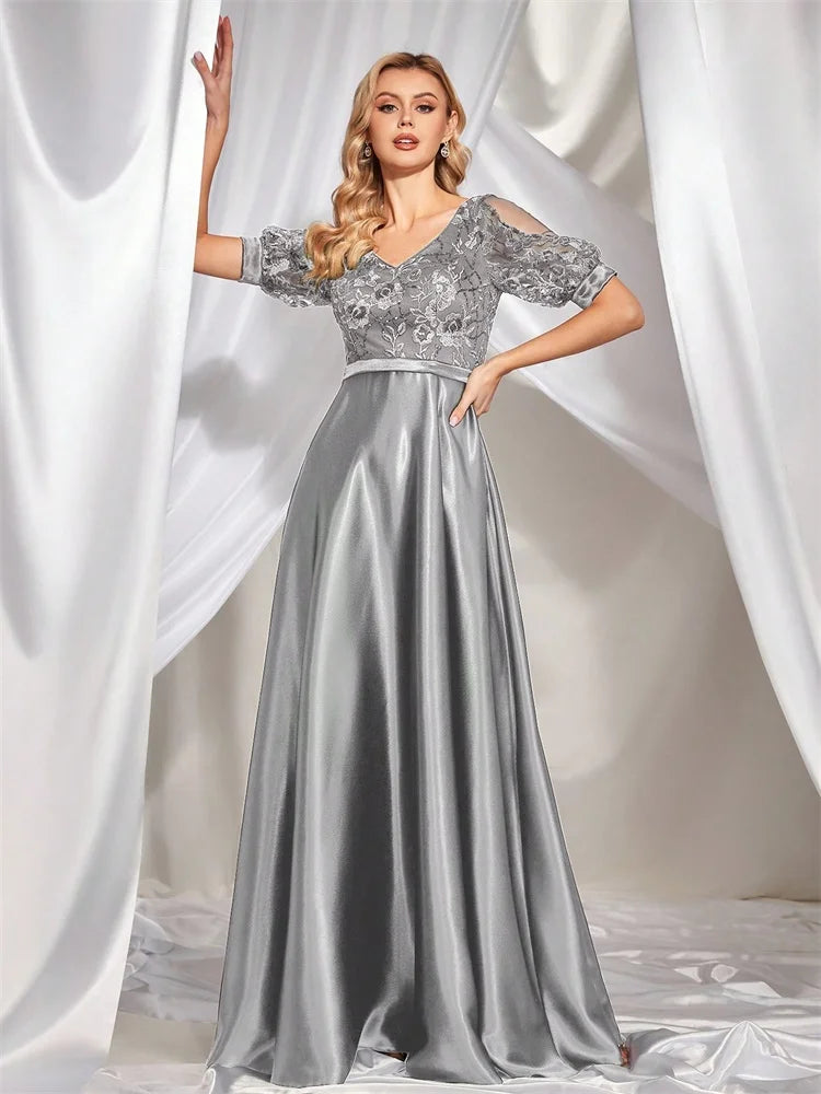 Charlotte Elegant Satin Patchwork Sequins V Neck Formal Evening Dress