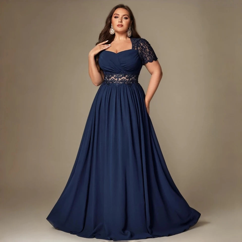 Paterson Plus Size A Line Lace Short Sleeved Formal Evening Gown Sheer High-Waisted Maxi Dress