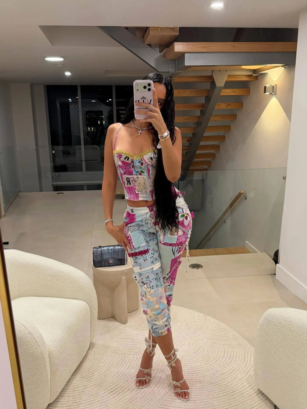 Paris Graffiti Newspaper Print 2 Piece Outfits Lace Trim Spaghetti Strap Outfit