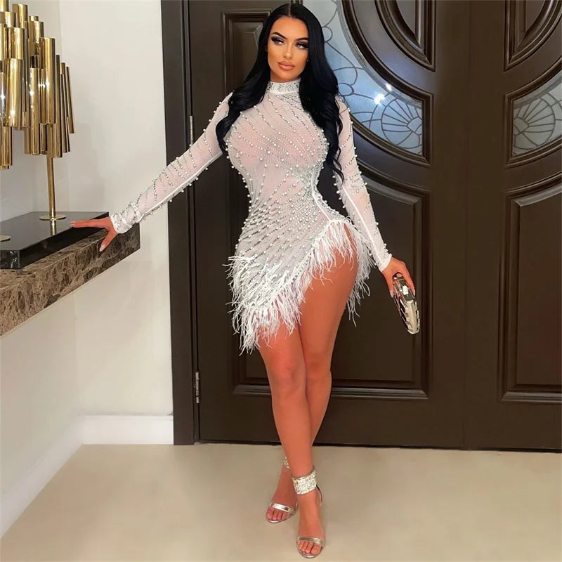 Whippany Pearls Rhinestone Party Elegance Nightclub Feather Mini Dress