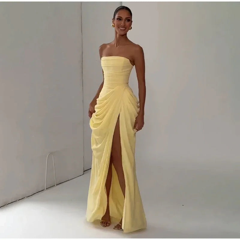 Tapansee Solid Sexy Pleated Strapless Off Shoulder Backless High Waist Split Maxi Dress