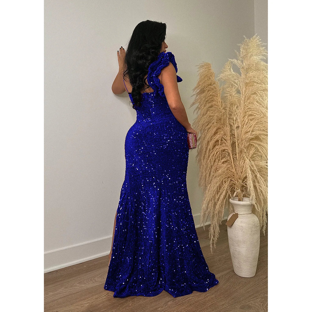Trenton One Shoulder Open Back Sequined High Side Split Mermaid Maxi Dress