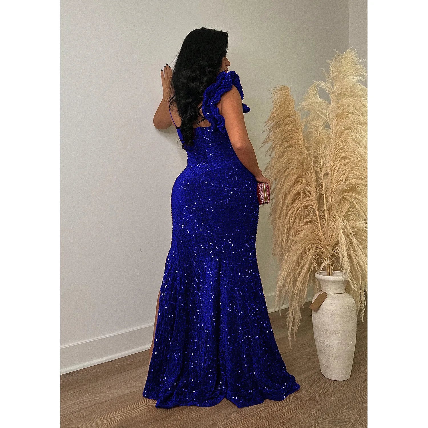 Trenton One Shoulder Open Back Sequined High Side Split Mermaid Maxi Dress