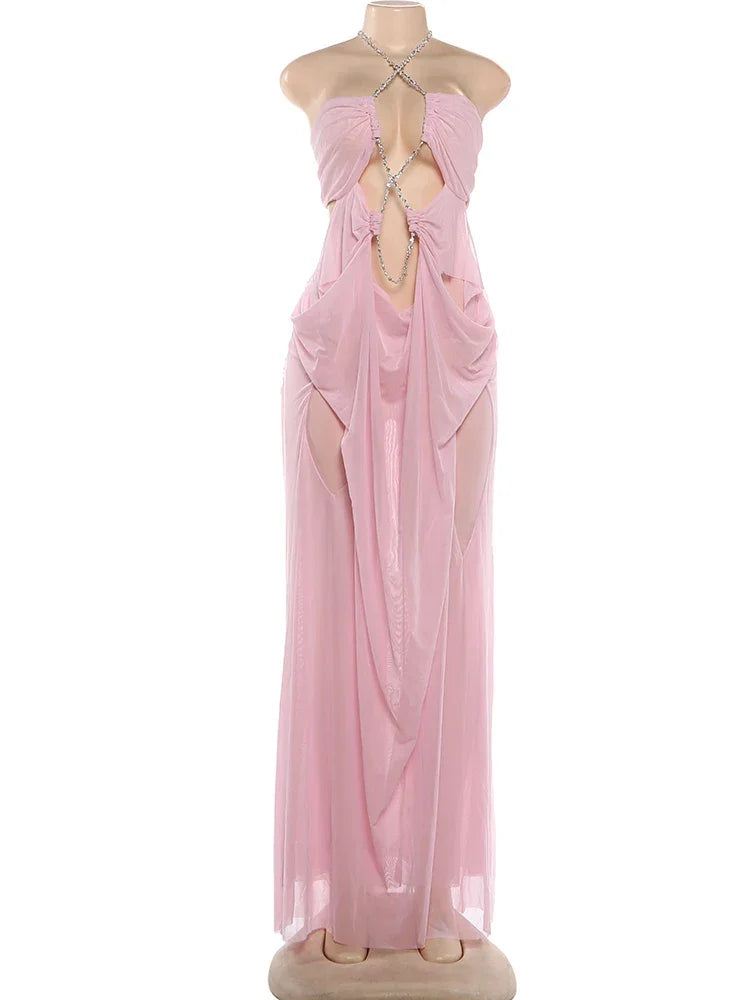 Pine Plains Sexy See Through Luxury Chain Halter Low Neck Backless Dress
