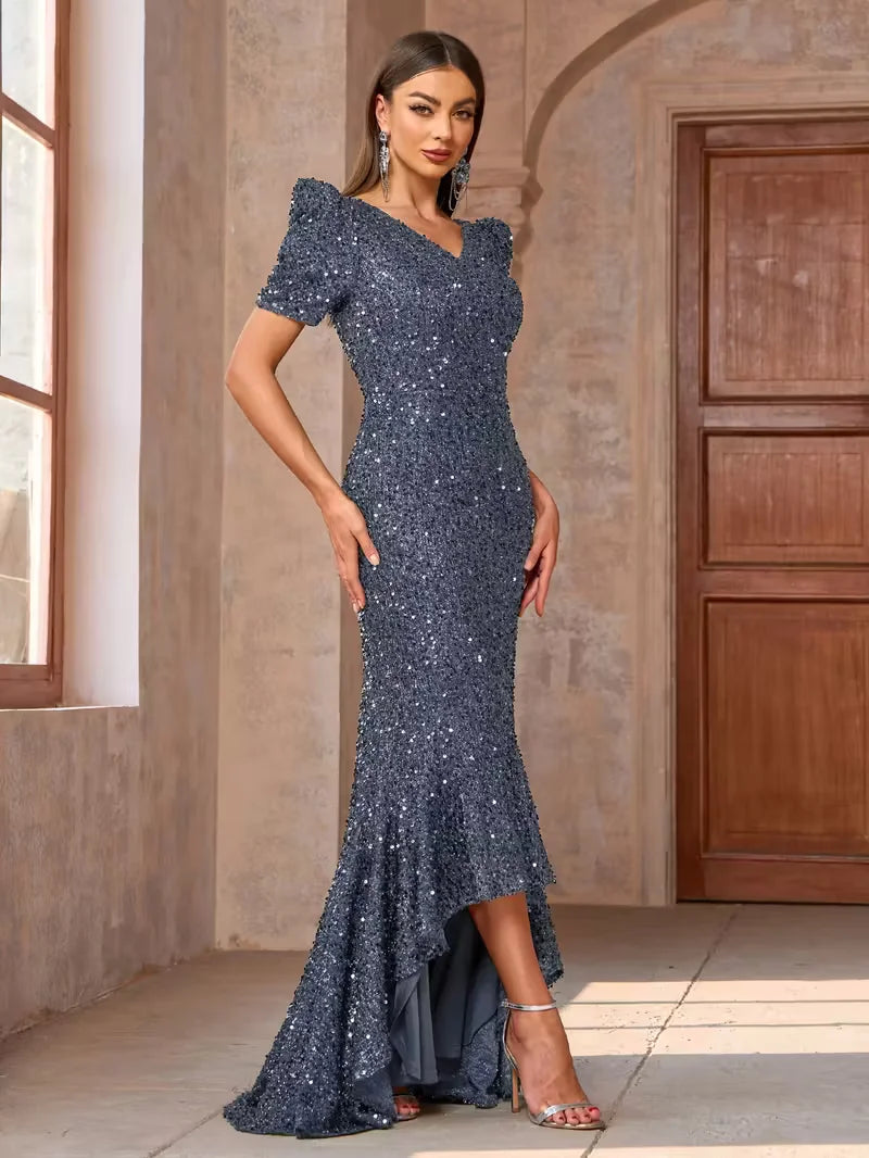 Miami Elegant Sequin Evening Gown Stunning Long Ruched Maxi Dress