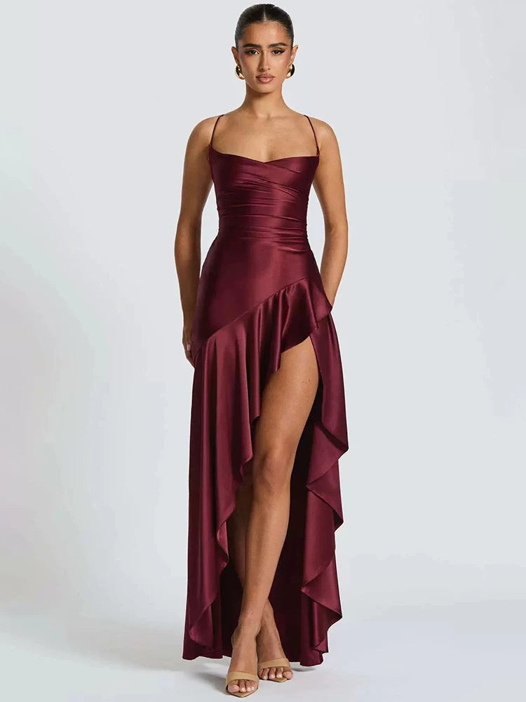 Haverstraw Satin Spaghetti Strap Ruffle Sexy Off-shoulder Sleeveless Backless Maxi Dress