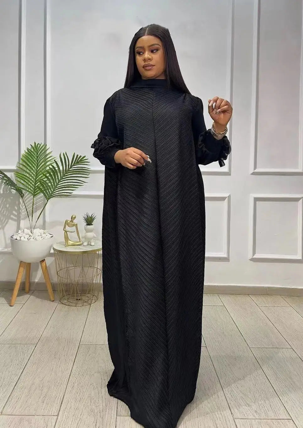 Miyake Solid Color Long Sleeved Three-dimensional Embroidered Temperament Long Loose Dress