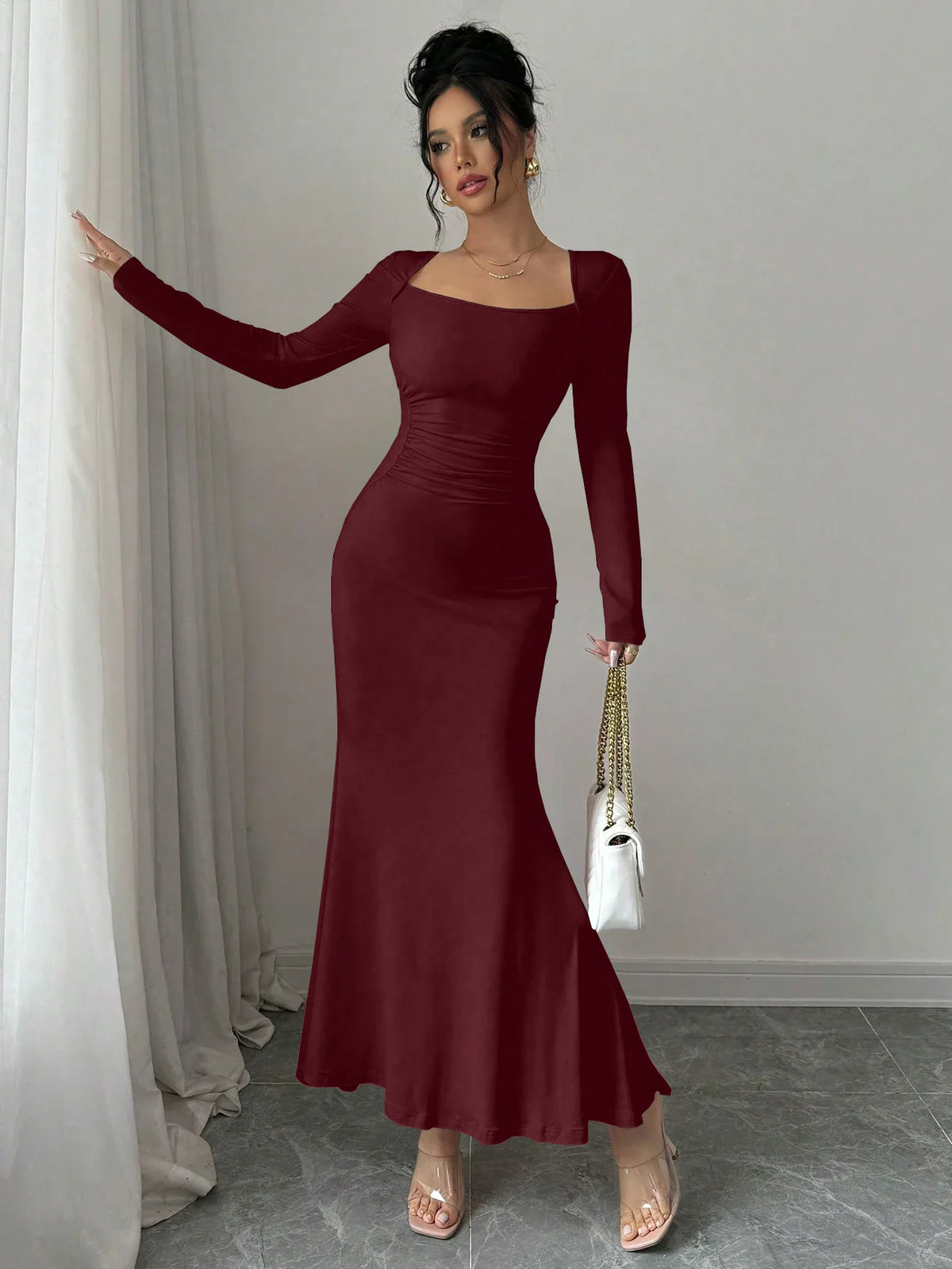 Nisao Four Seasons New Style Elegant Temperament Retro Solid Color Square Long Dress
