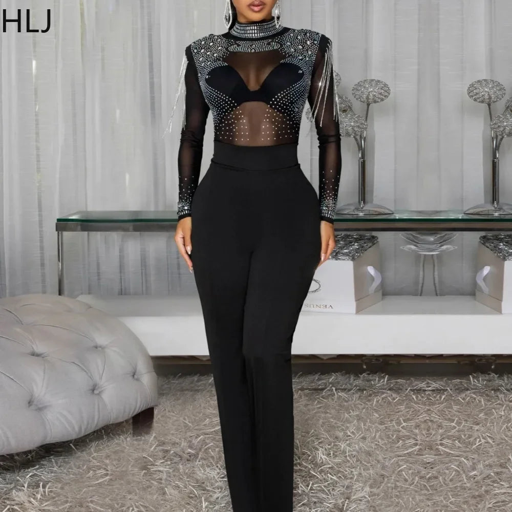Lincoln Square Rhinestone Patchwork Mesh See Through Long Sleeves Jumpsuit