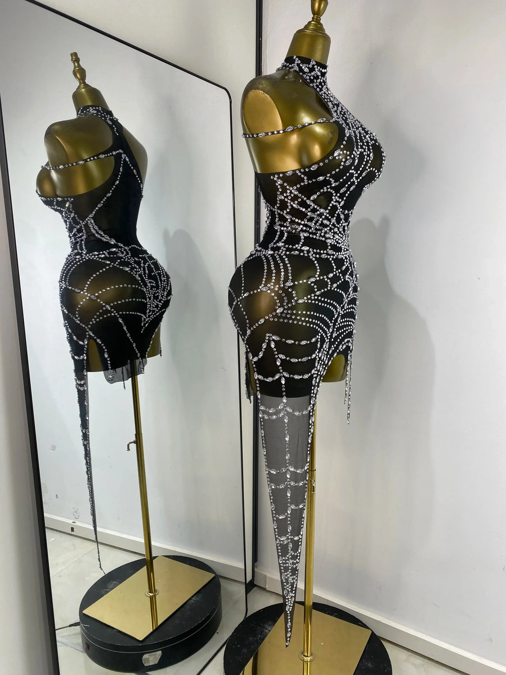 Gettysburg Club Party Punk Style Spider Rhinestones Mesh Asymmetric Dress