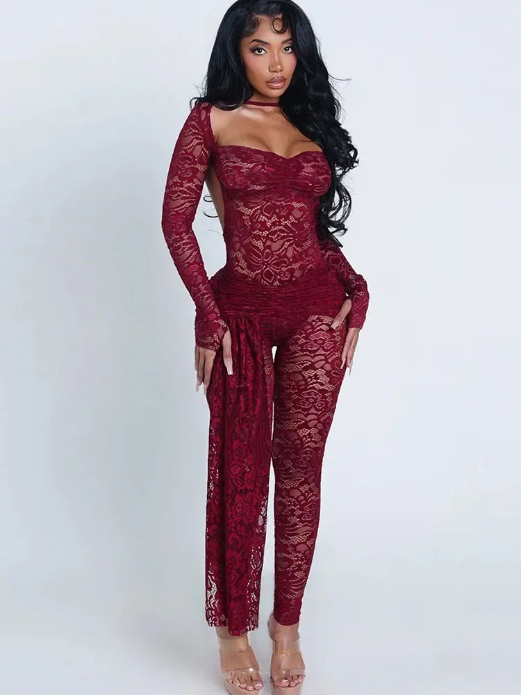 Crown Heights Puss Jacquard Hipster Coquette Backless Flanging Ribbon Jumpsuit