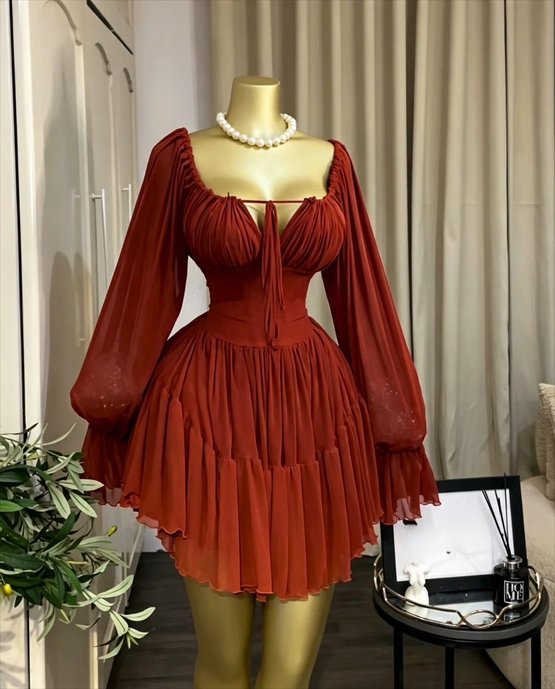 Saint Louis SL Flare Long Sleeve Strapless Halter Pleated Mini Dress