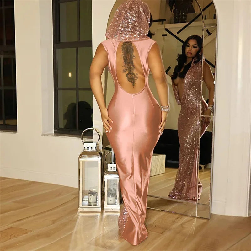 Virginia Deep V-neck Hooded Party Nightclub Prom Mesh Long Maxi Dresses