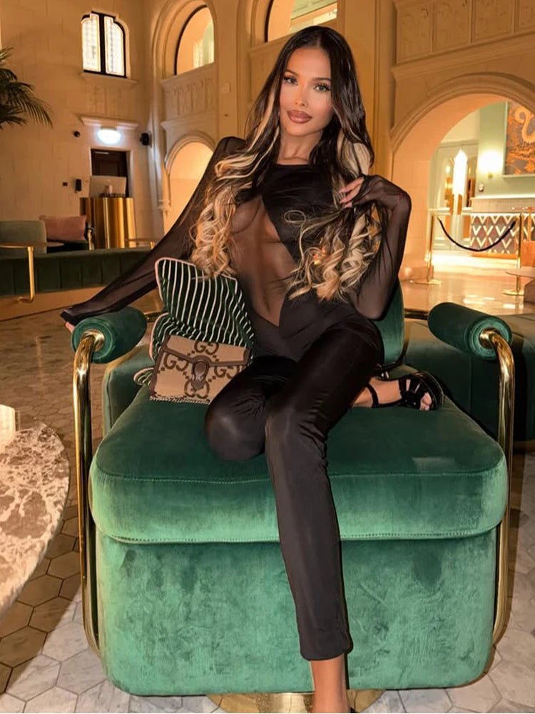 Ridgewood Streetwear Mesh Patchwork Jumpsuits Regular Long Sleeves