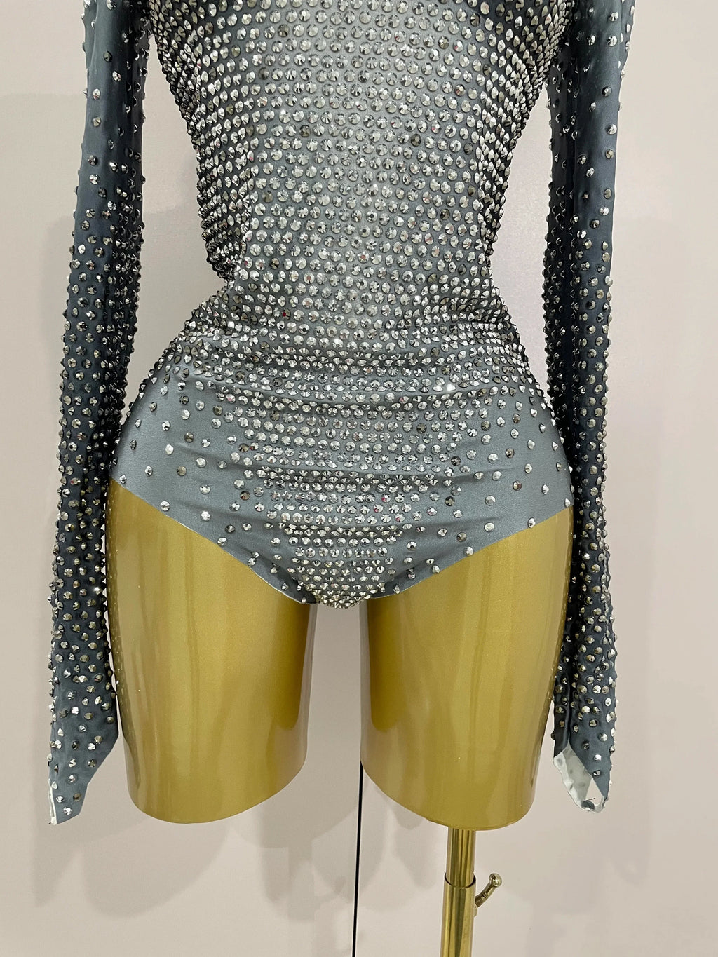 Norwish Sparkle Silver Rhinestones Long Sleeve Stretch Romper